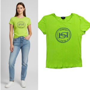 bebe Rhinestone Embellished Ribknit Logo Tee Wmn's L Green Short Sleeve Stretch